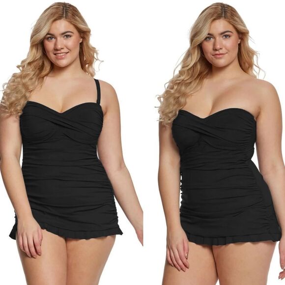 New! PROFILE BY GOTTEX Tutti Frutti Swimsuit One-Piece Swimdress Black Size 22W - Picture 1 of 13